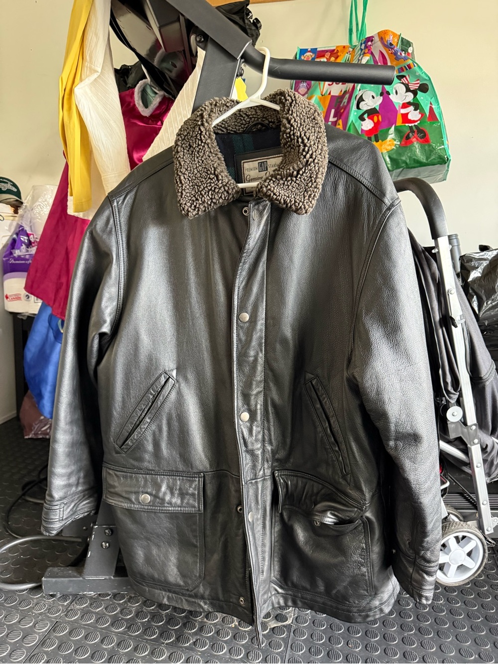 GAP Black Leather Field Jacket with Brown Sherpa Collar - Picture 1 of 3